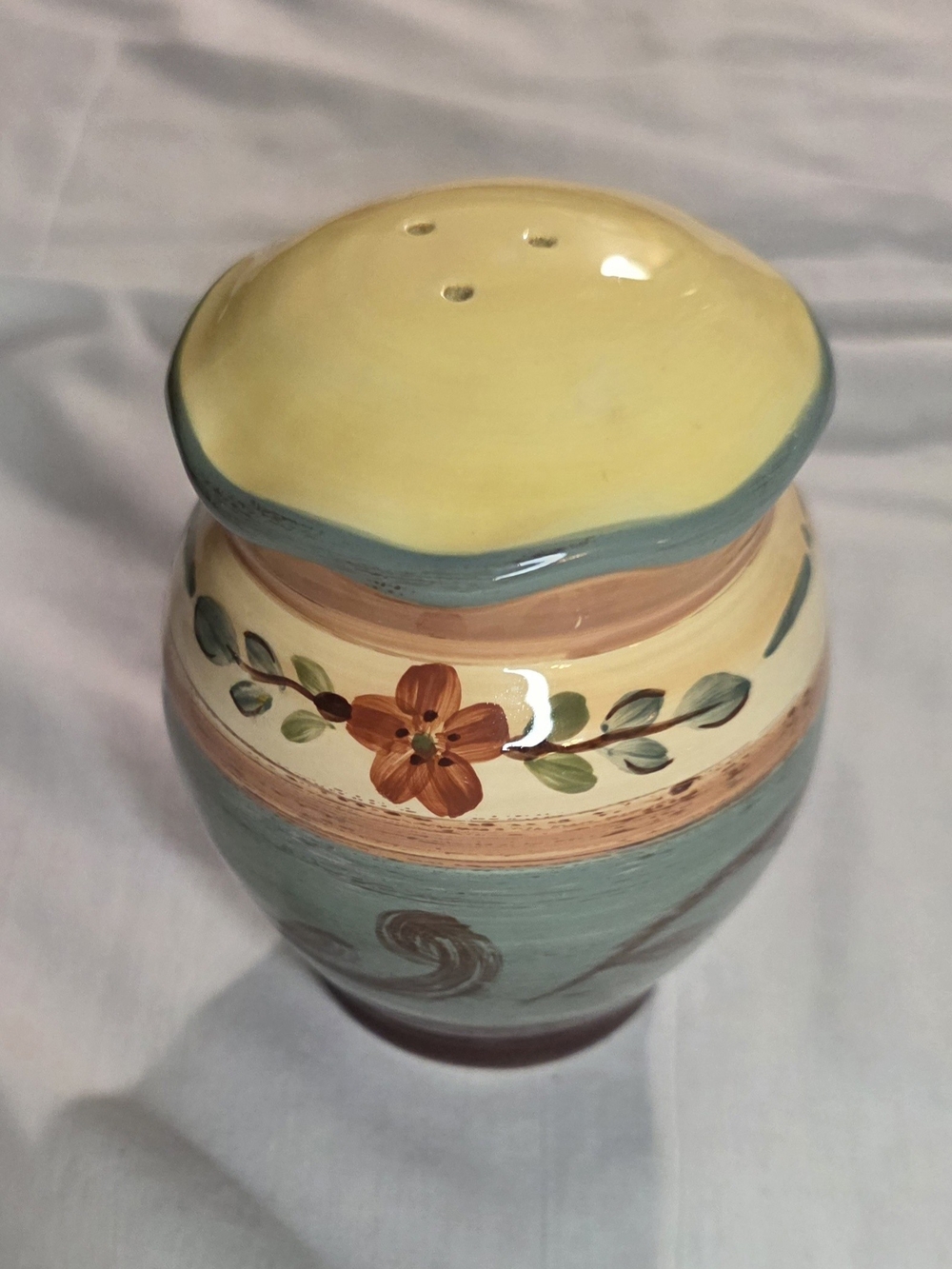 Hand-Painted Ceramic Floral Pepper Shaker in Yellow and Teal
